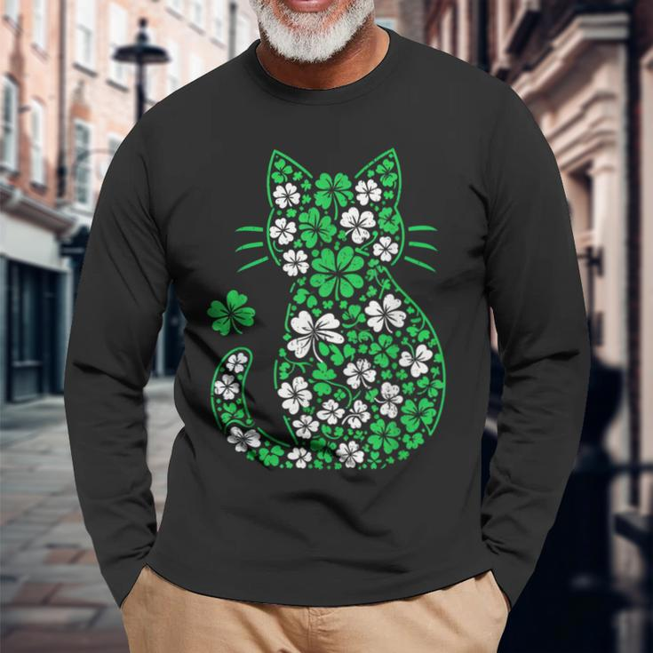 Shamrock Irish Cat Graphic Saint Patrick Day For Cat Lovers Long Sleeve T-Shirt Gifts for Old Men