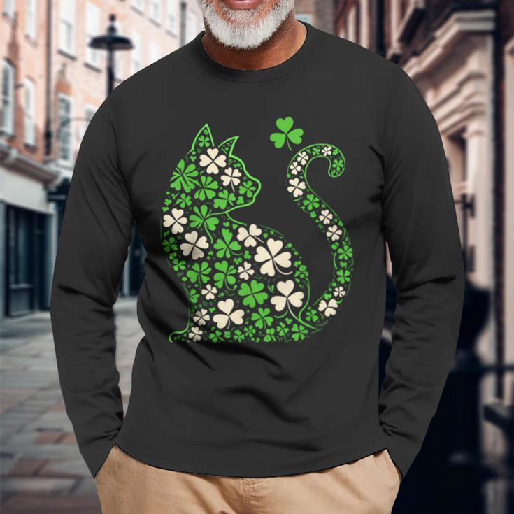 Shamrock Irish Cat Graphic Saint Patrick Day For Cat Lovers Long Sleeve T-Shirt Gifts for Old Men
