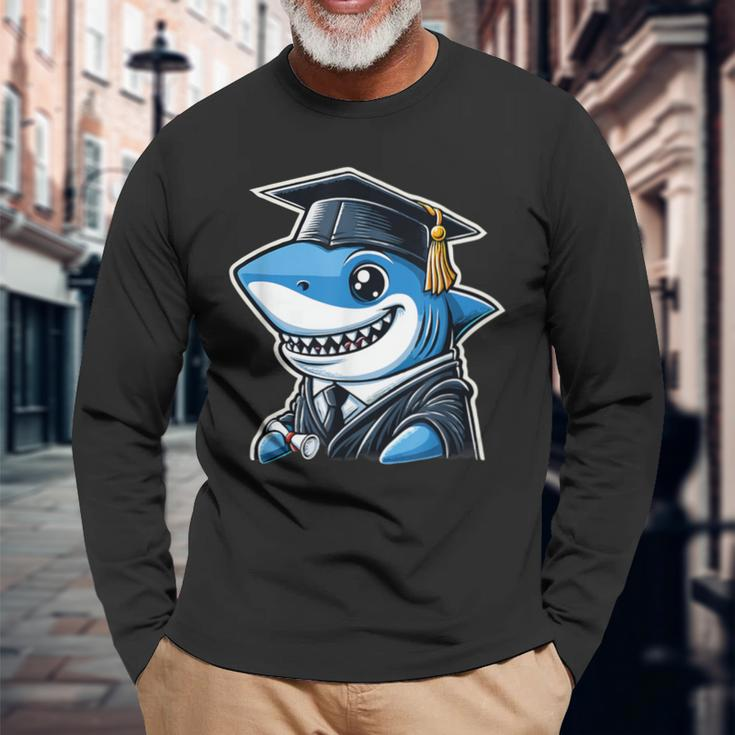 Shark Graduation Cap Class Of 2024 Shark Lover Long Sleeve T-Shirt Gifts for Old Men