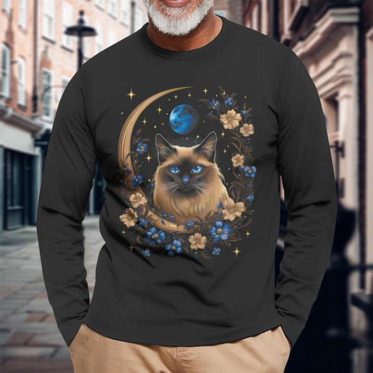Siamese Cat Moon Surrounded By Flowers Long Sleeve T-Shirt Gifts for Old Men