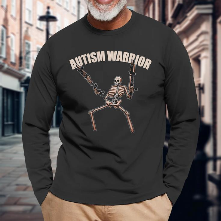 Skull Autism Warrior Autism Skeleton Meme Autism Awareness Long Sleeve T-Shirt Gifts for Old Men