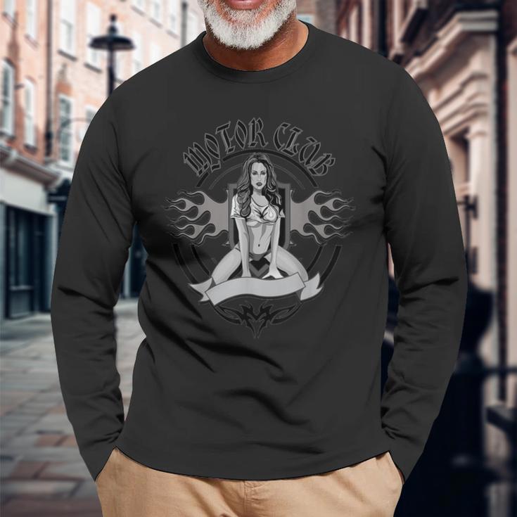 Skull Motorcycle Biker Babe Hot Chick Sexy Flames Long Sleeve T-Shirt Gifts for Old Men