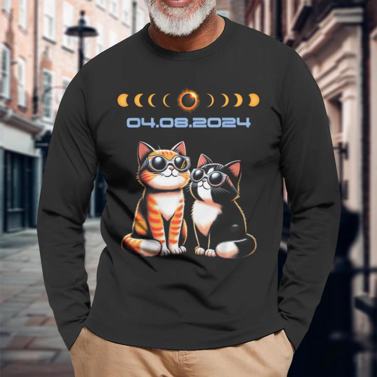 Solar Eclipse 2024 Cats Wearing Solar Eclipse Glasses Long Sleeve T-Shirt Gifts for Old Men