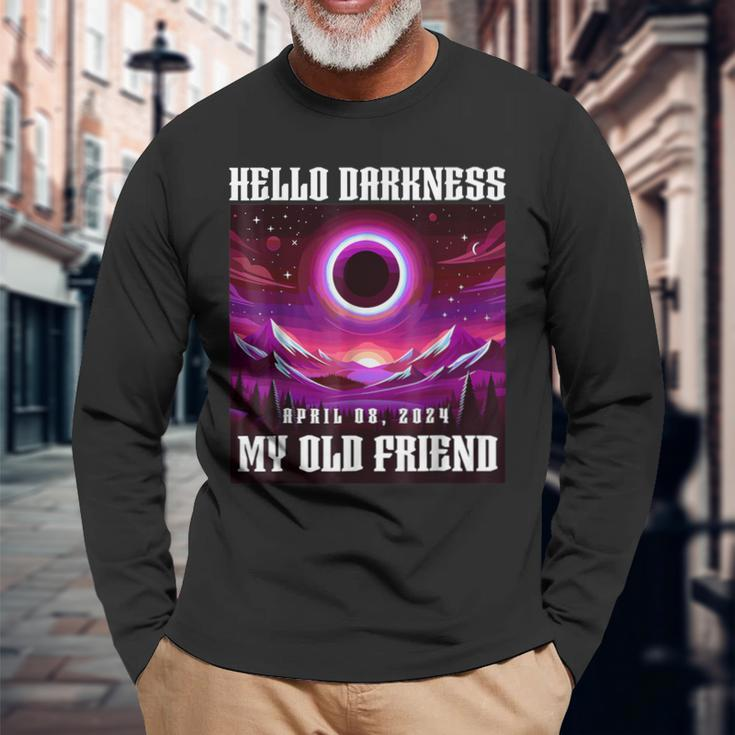 Solar Eclipse 2024 Hello Darkness My Old Friend April 08 24 Long Sleeve T-Shirt Gifts for Old Men