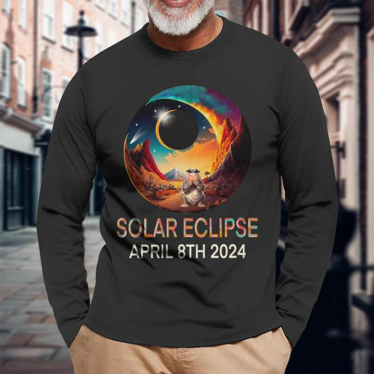 Solar Eclipse 2024 Hippo Wearing Solar Eclipse Glasses Long Sleeve T-Shirt Gifts for Old Men