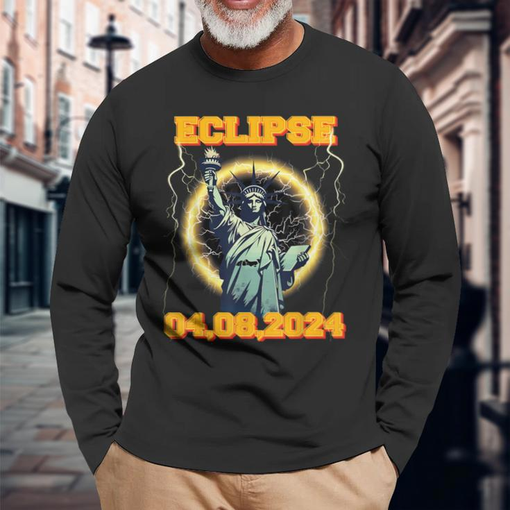 Solar Eclipse 2024 New York Statue Of Liberty Vantage Long Sleeve T-Shirt Gifts for Old Men