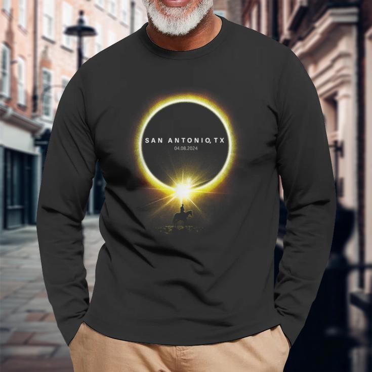 Solar Eclipse 2024 From San Antonio Texas Cowboy On A Horse Long Sleeve T-Shirt Gifts for Old Men