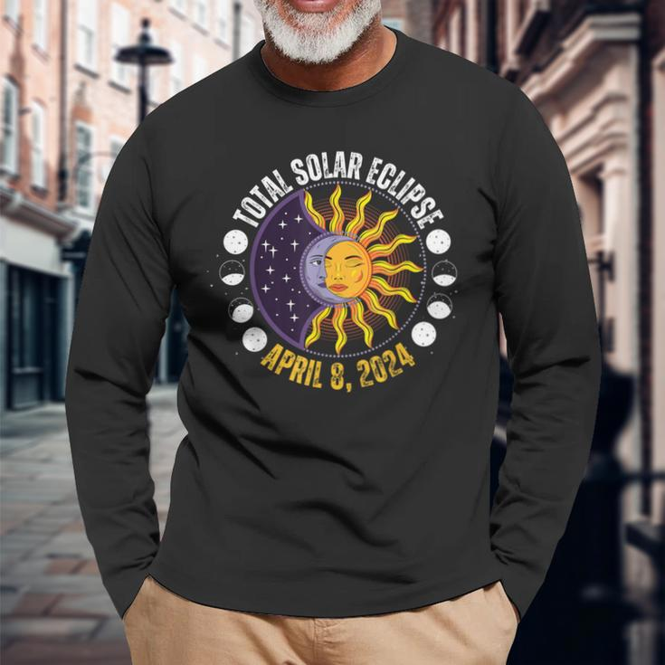 Solar Eclipse 8-4-2024 Eclipse With Sun Crescent Moon Long Sleeve T-Shirt Gifts for Old Men