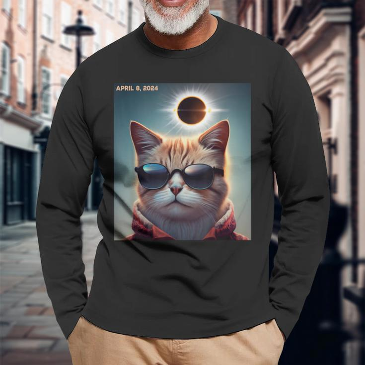 Solar Eclipse Cat 2024 April 8 Solar Eclipse Glasses Long Sleeve T-Shirt Gifts for Old Men