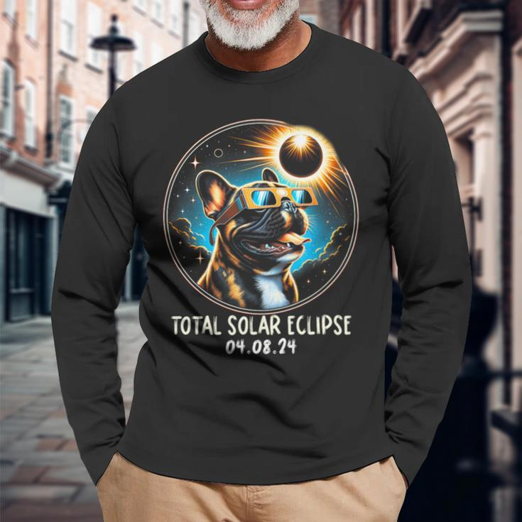 Solar Eclipse French Bulldog Wearing Glasses April 8 2024 Long Sleeve T-Shirt Gifts for Old Men