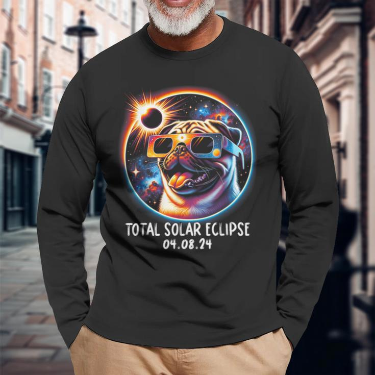 Solar Eclipse Pug Wearing Glasses Pet April 8 2024 Long Sleeve T-Shirt Gifts for Old Men
