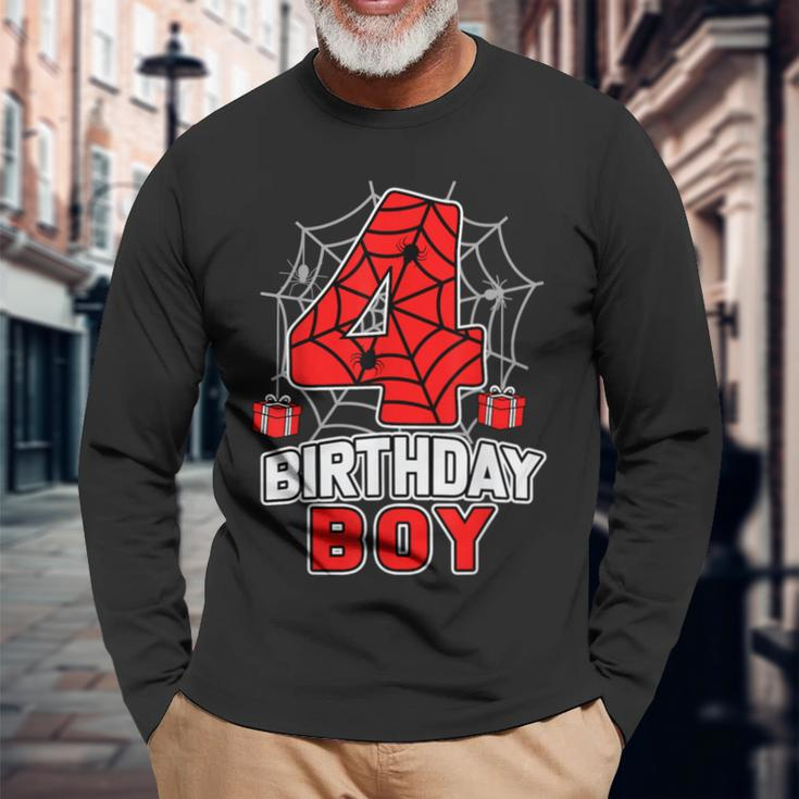 Spider 4Th Birthday Boy Spider Theme Birthday Boy 4 Year Long Sleeve T-Shirt Gifts for Old Men