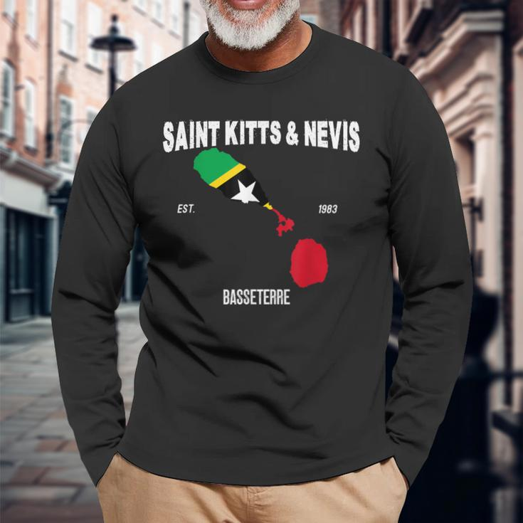 St Kitts & Nevis Flag Map Kittitian Nevisian National Day Long Sleeve T-Shirt Gifts for Old Men