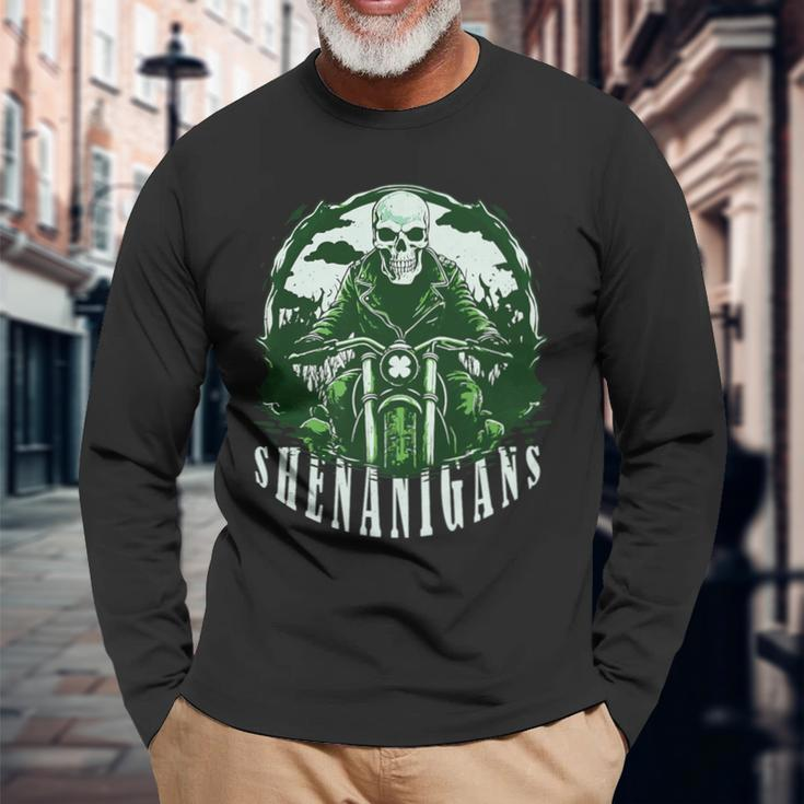 St Patrick's Day For Motorcycle Shenanigans Irish Skull Long Sleeve T-Shirt Gifts for Old Men