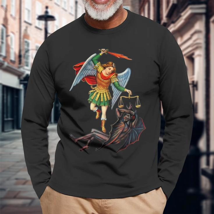 St Saint Michael The Archangel Catholic Angel Warrior Long Sleeve T-Shirt Gifts for Old Men