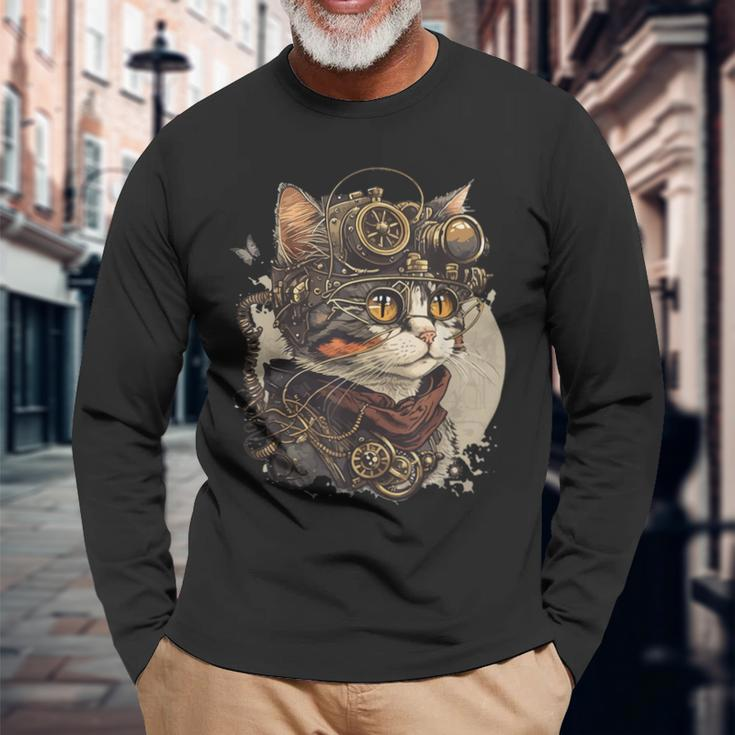 Steampunk Cat Kitten Steam Punk Langarmshirts Geschenke für alte Männer