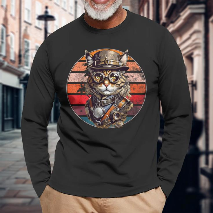 Steampunk Cat Retro Sunset Glasses Hat And Watches Langarmshirts Geschenke für alte Männer