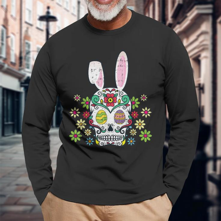 Sugar Skull Happy Easter Bunny Ears Cute Long Sleeve T-Shirt Gifts for Old Men