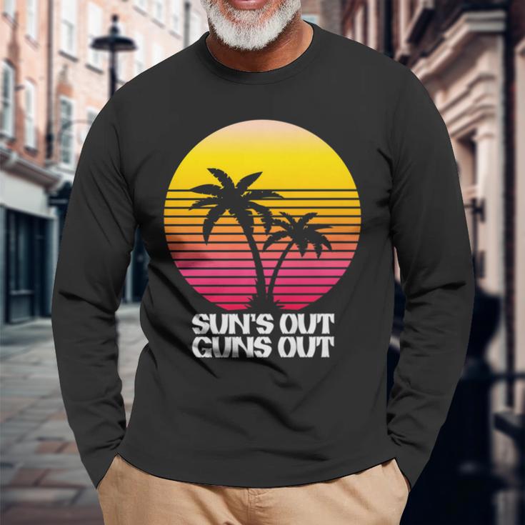 Suns Out Guns Out Retro 80S Beach Scene Palm Tree Sunset Long Sleeve T-Shirt Gifts for Old Men