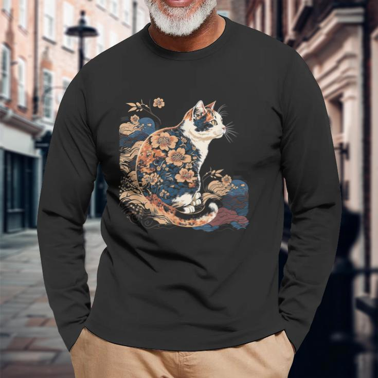 Surrealism Japanese Painting Calico Cat Long Sleeve T-Shirt Gifts for Old Men