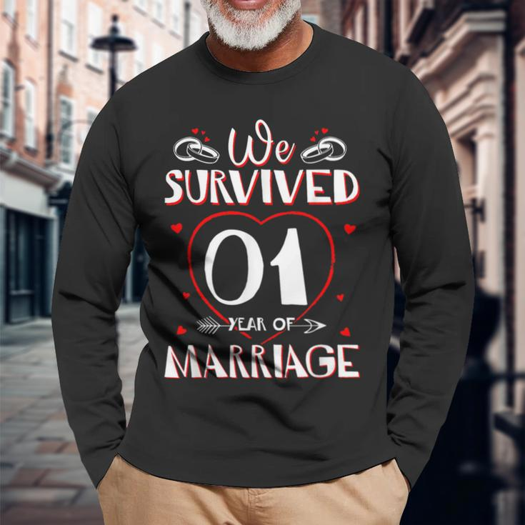 We Survived 1 Year Of Marriage Couple 1St Anniversary Long Sleeve T-Shirt Gifts for Old Men