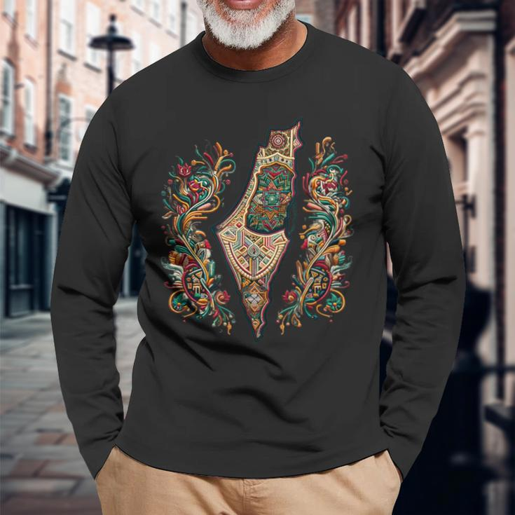 Tatreez Tapestry The Map Of Palestine Long Sleeve T-Shirt Gifts for Old Men