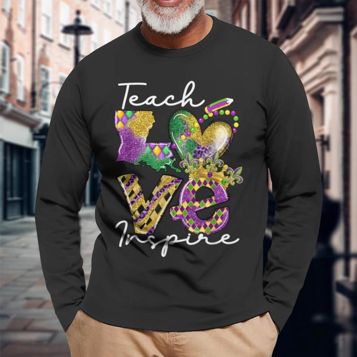 Teacher Mardi Gras Teach Love Inspire Carnival Beads Leopard Long Sleeve T-Shirt Gifts for Old Men