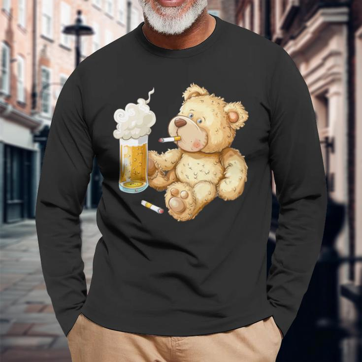 Teddy Bear Smokes And Drinks Beer For Men's Day Father's Day Long Sleeve T-Shirt Gifts for Old Men