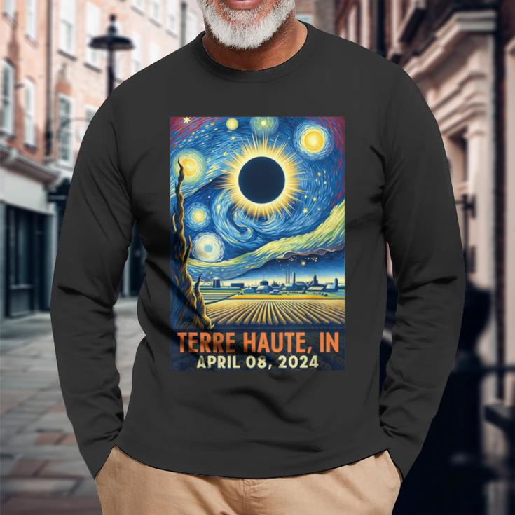 Terre Haute Indiana Total Solar Eclipse 2024 Starry Night Long Sleeve T-Shirt Gifts for Old Men