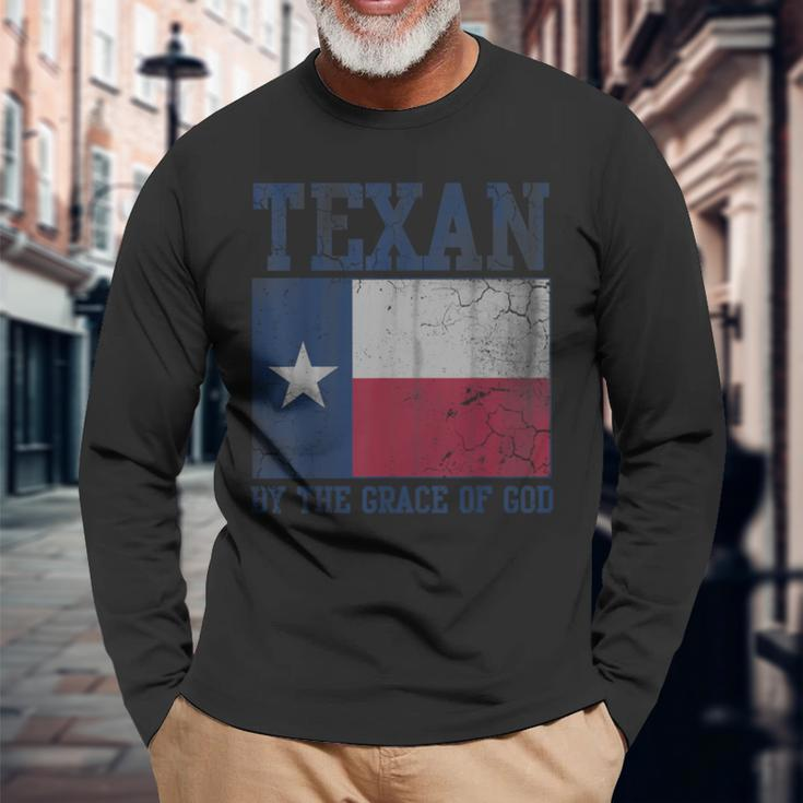 Texan By The Grace Of God Texas Vintage Distressed Retro Long Sleeve T-Shirt Gifts for Old Men