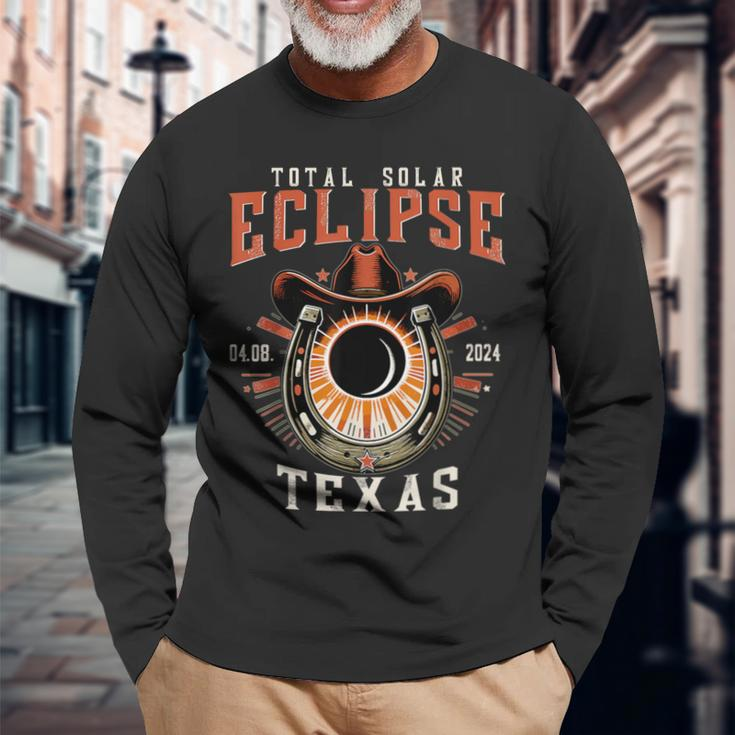 Texas Total Solar Eclipse April 8 2024 Totality Cowboy Long Sleeve T-Shirt Gifts for Old Men