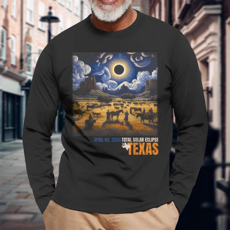 Texas Total Solar Eclipse Retro April 8 2024 Astronomy Long Sleeve T-Shirt Gifts for Old Men