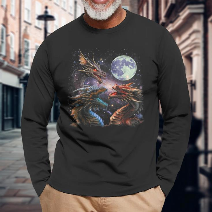 Three Dragon Starry Night Dragon Animal Howling At The Moon Long Sleeve T-Shirt Gifts for Old Men