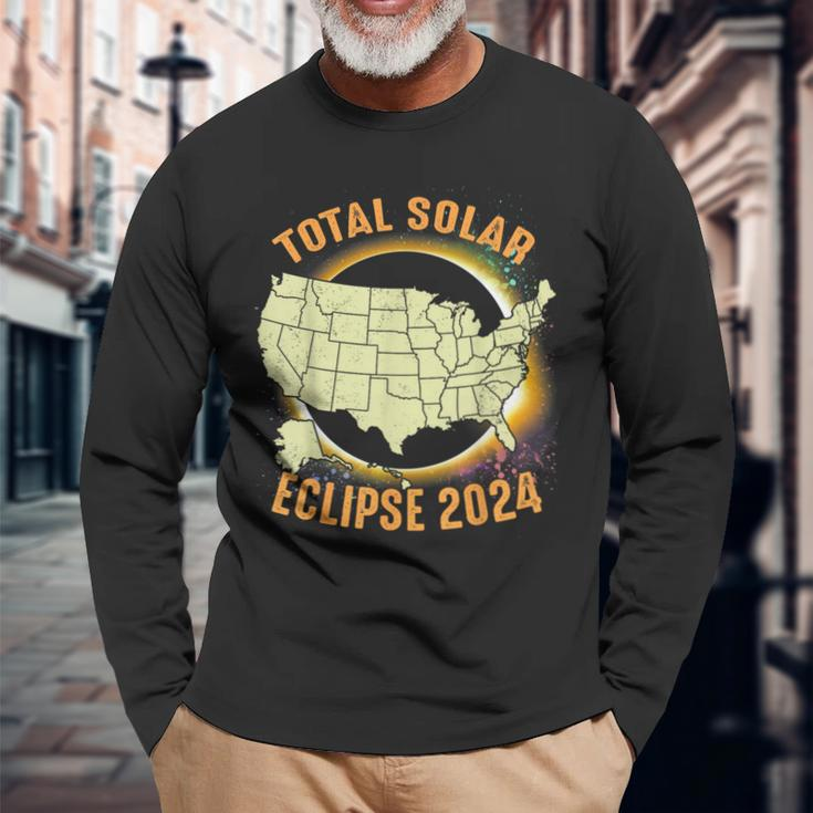 Total Solar Eclipse 2024 American Us Map Colorful Long Sleeve T-Shirt Gifts for Old Men