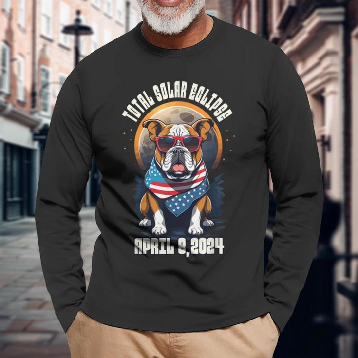 Total Solar Eclipse 2024 Frenchie Bulldog Dad Usa Flag Long Sleeve T-Shirt Gifts for Old Men