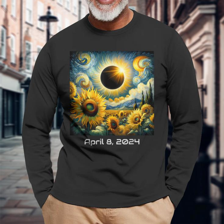 Total Solar Eclipse 2024 Sunflowers Painting Van Gogh Long Sleeve T-Shirt Gifts for Old Men