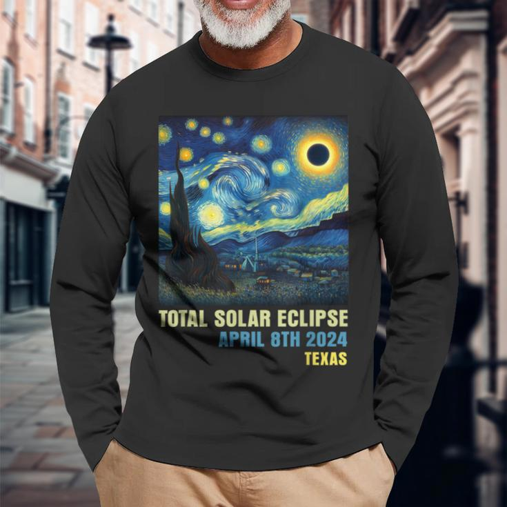 Total Solar Eclipse 2024 Texas State Starry Night Painting Long Sleeve T-Shirt Gifts for Old Men