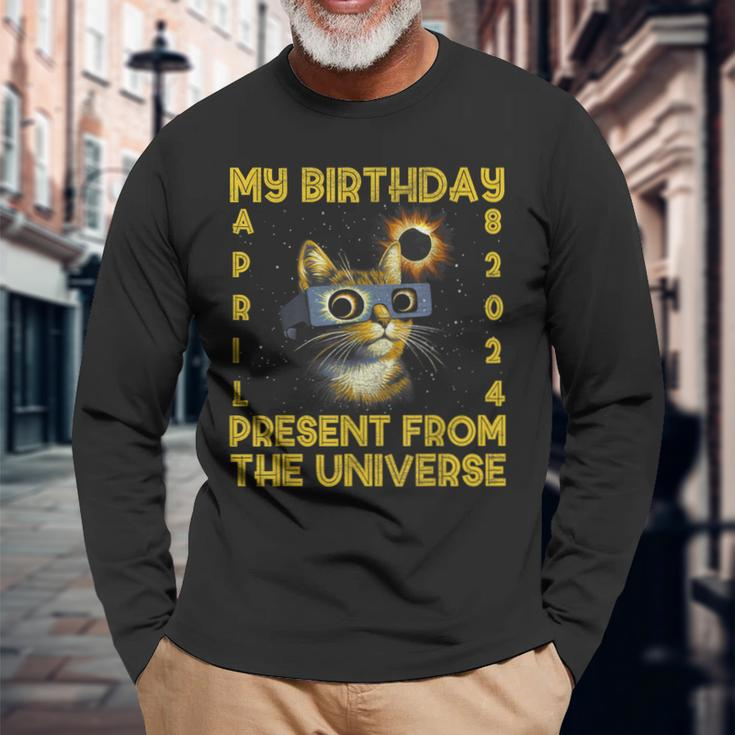 Total Solar Eclipse Birthday April 8 2024 Cat Birthday Party Long Sleeve T-Shirt Gifts for Old Men