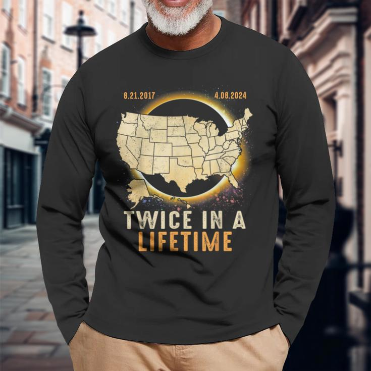 Total Solar Eclipse Twice In A Lifetime 2024 Usa Map Long Sleeve T-Shirt Gifts for Old Men