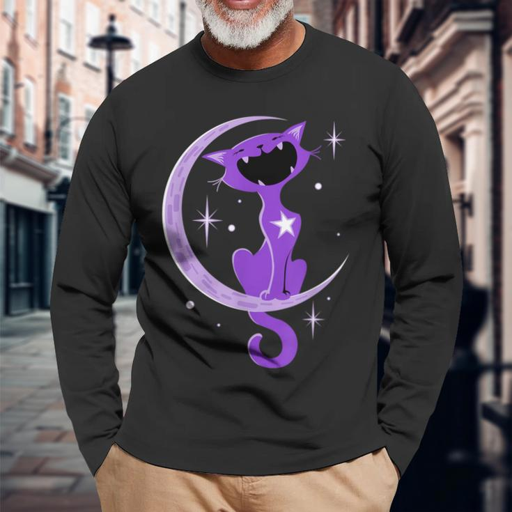 Trendy Purple Cat Crescent Moon Howl Long Sleeve T-Shirt Gifts for Old Men