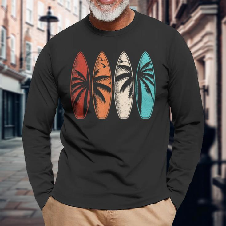 Tropical Hawaii Palm Tree Surfing Beach Surfboard Retro Surf Long Sleeve T-Shirt Gifts for Old Men