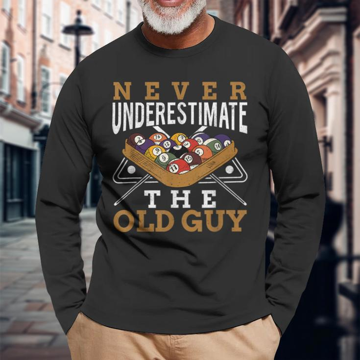 Never Underestimate The Old Guy Retro Pool Billiards Grandpa Long Sleeve T-Shirt Gifts for Old Men