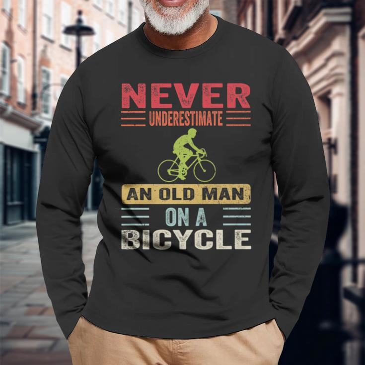 Never Underestimate An Old Man On A Bicycle Cycling Retro Long Sleeve T-Shirt Gifts for Old Men