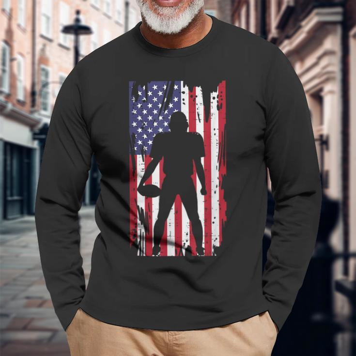 Us Flag American Football Player Silhouette Vintage Patriot Long Sleeve T-Shirt Gifts for Old Men