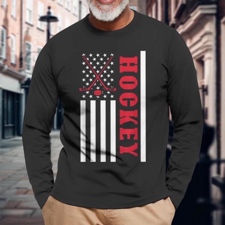 Usa Flag Patriotic American Pride Hockey Player Hockey Long Sleeve T-Shirt Gifts for Old Men