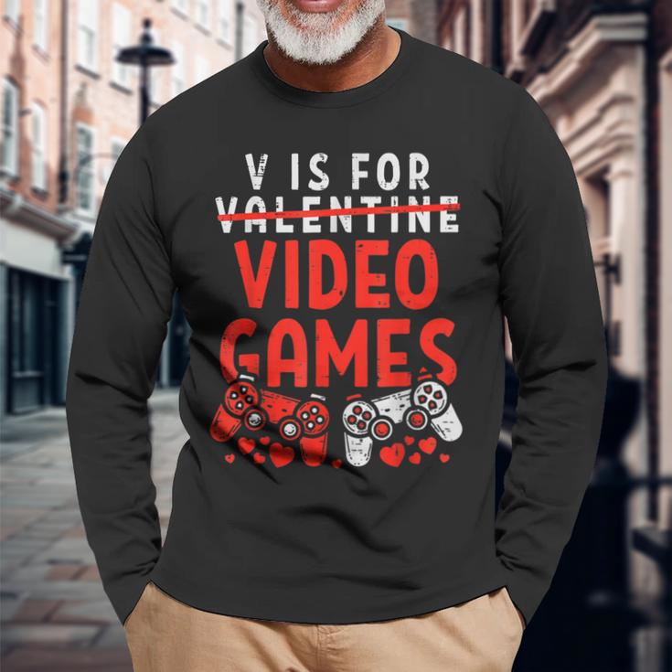 V Is For Video Games Valentine Gamer Valentines Day Boy Long Sleeve T-Shirt Gifts for Old Men