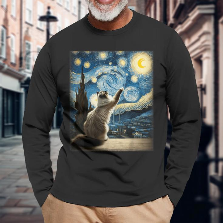 Van Gogh Starry Night Style Artistic Ragdoll Cat Long Sleeve T-Shirt Gifts for Old Men
