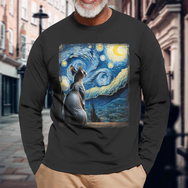 Van Gogh Starry Night Style Artistic Sphynx Cat Long Sleeve T-Shirt Gifts for Old Men