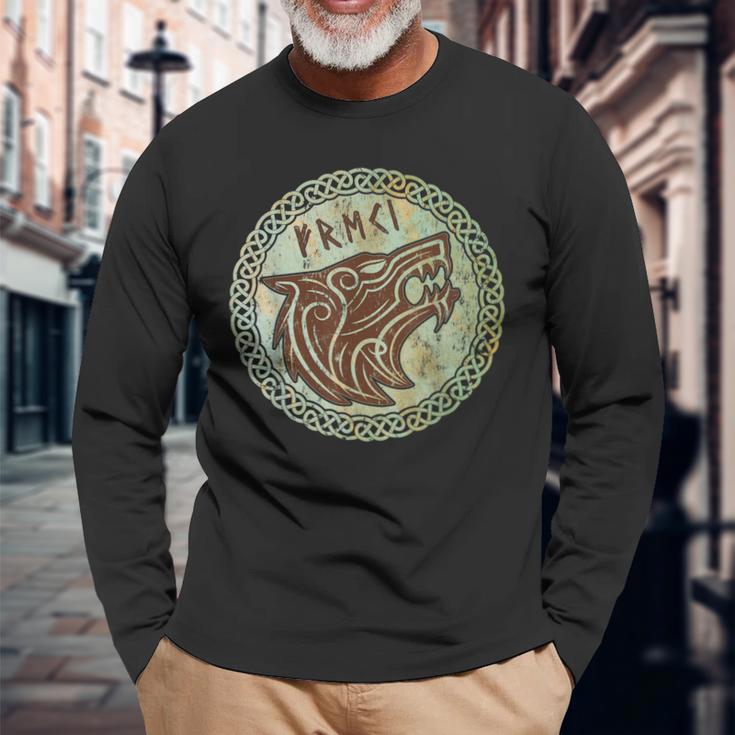 Viking Odin Wolf Fenrir Freki Norse God Myth Celtic Vintage Long Sleeve T-Shirt Gifts for Old Men