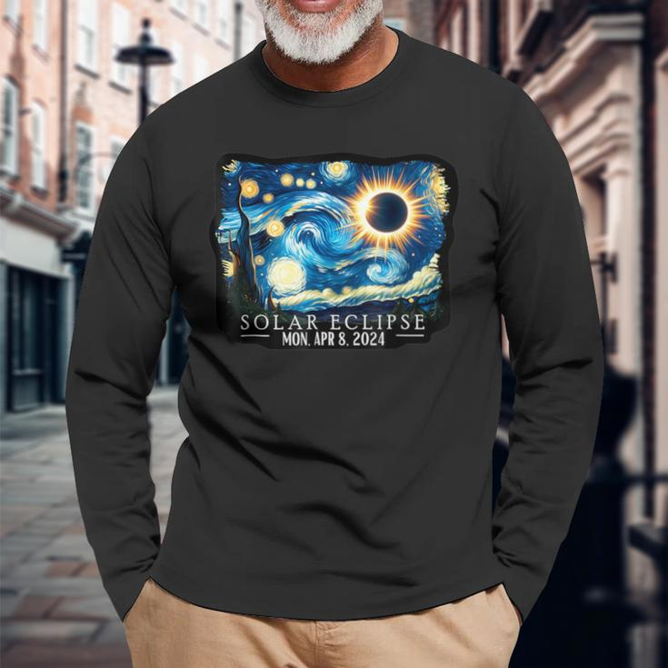 Vintage American Totality Starry Night Eclipse Solar 2024 Long Sleeve T-Shirt Gifts for Old Men